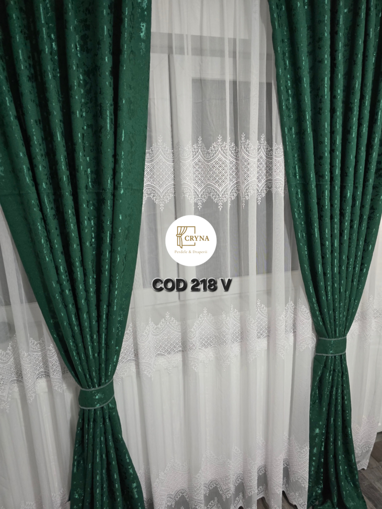 Set perdea in alb brodat cu model draperie bumbac verde 218V - imagine 2