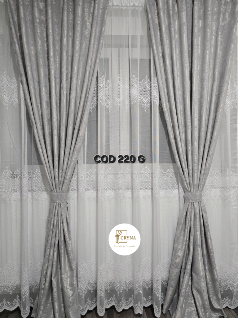 Set perdea in alb brodat cu model draperie nisip gri 220G