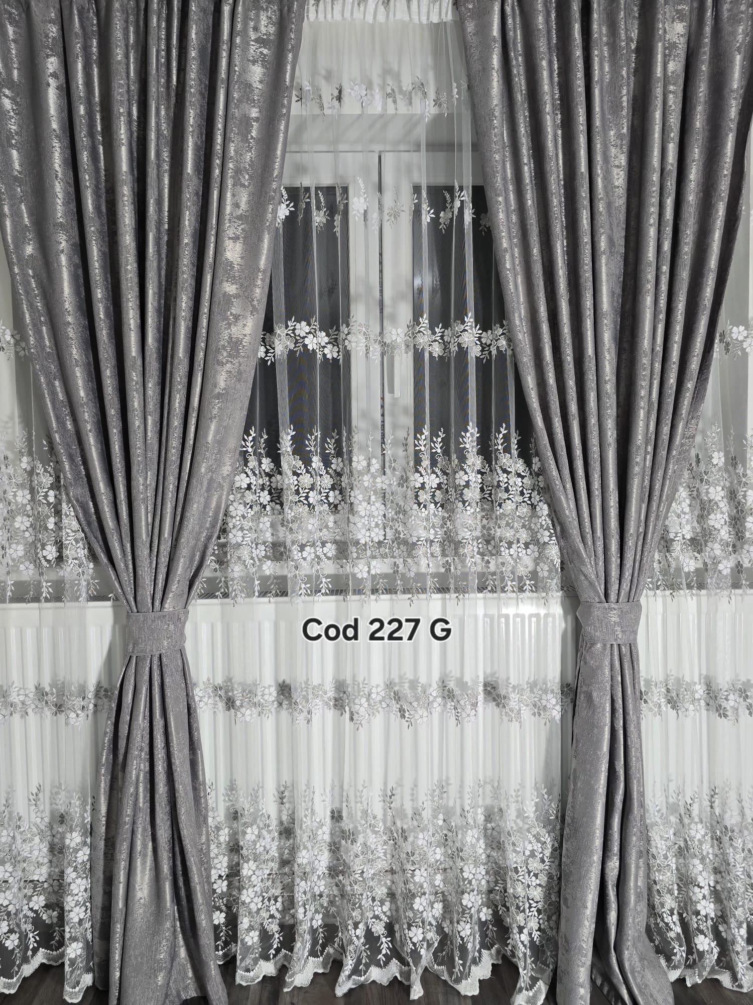 Set Perdea tulle floricele gri draperie nisip gri 227G