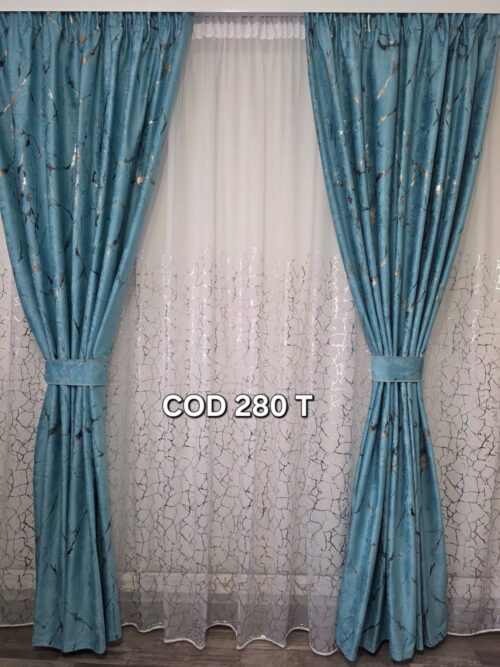 Set perdea insertii gri si draperie catifea cu model turcoaz  280T