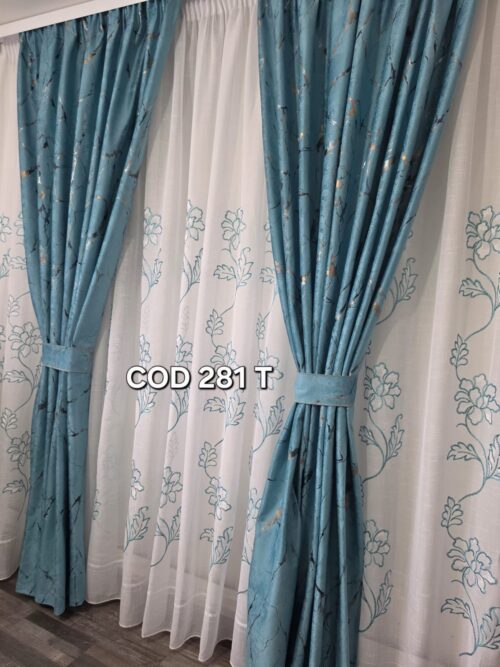 Set perdea in flori turcoaz si draperie catifea cu model turcoaz 281T