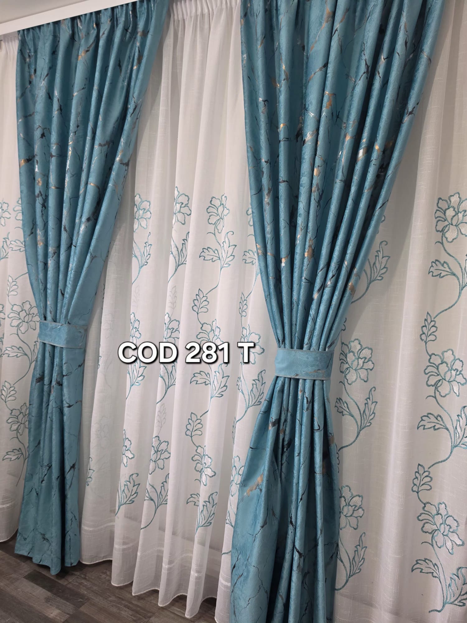 Set perdea in flori turcoaz si draperie catifea cu model turcoaz 281T - imagine 2