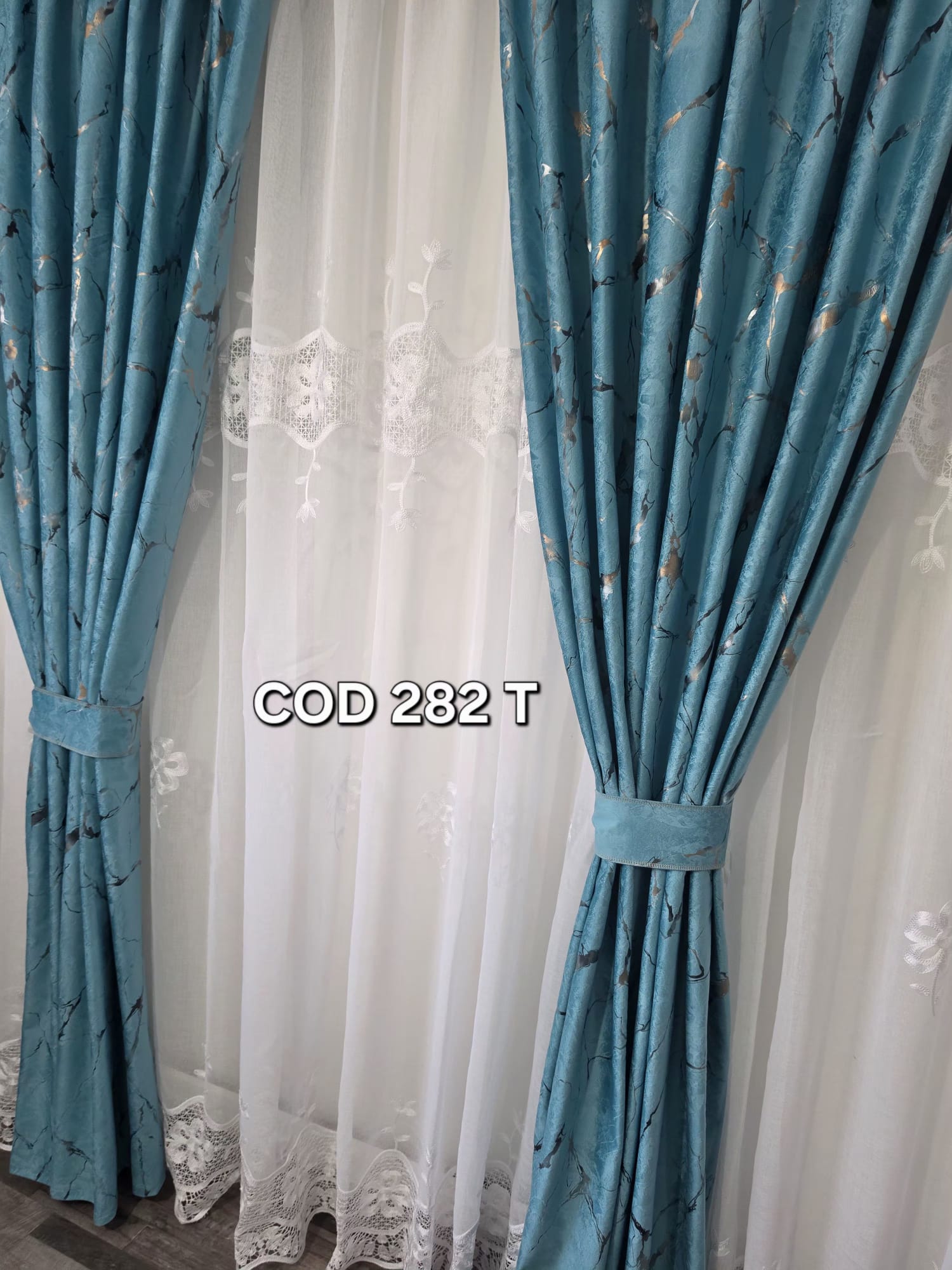 Set perdea in flori alb si draperie catifea cu model turcoaz 282T - imagine 2