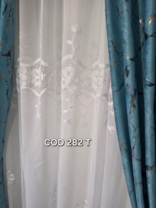 Set perdea in flori alb si draperie catifea cu model turcoaz 282T