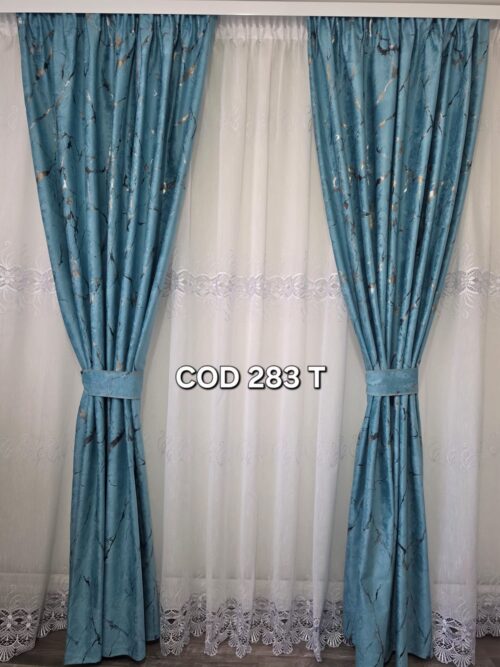 Set perdea flori cu broderie si  draperie catifea cu model turcoaz 283T