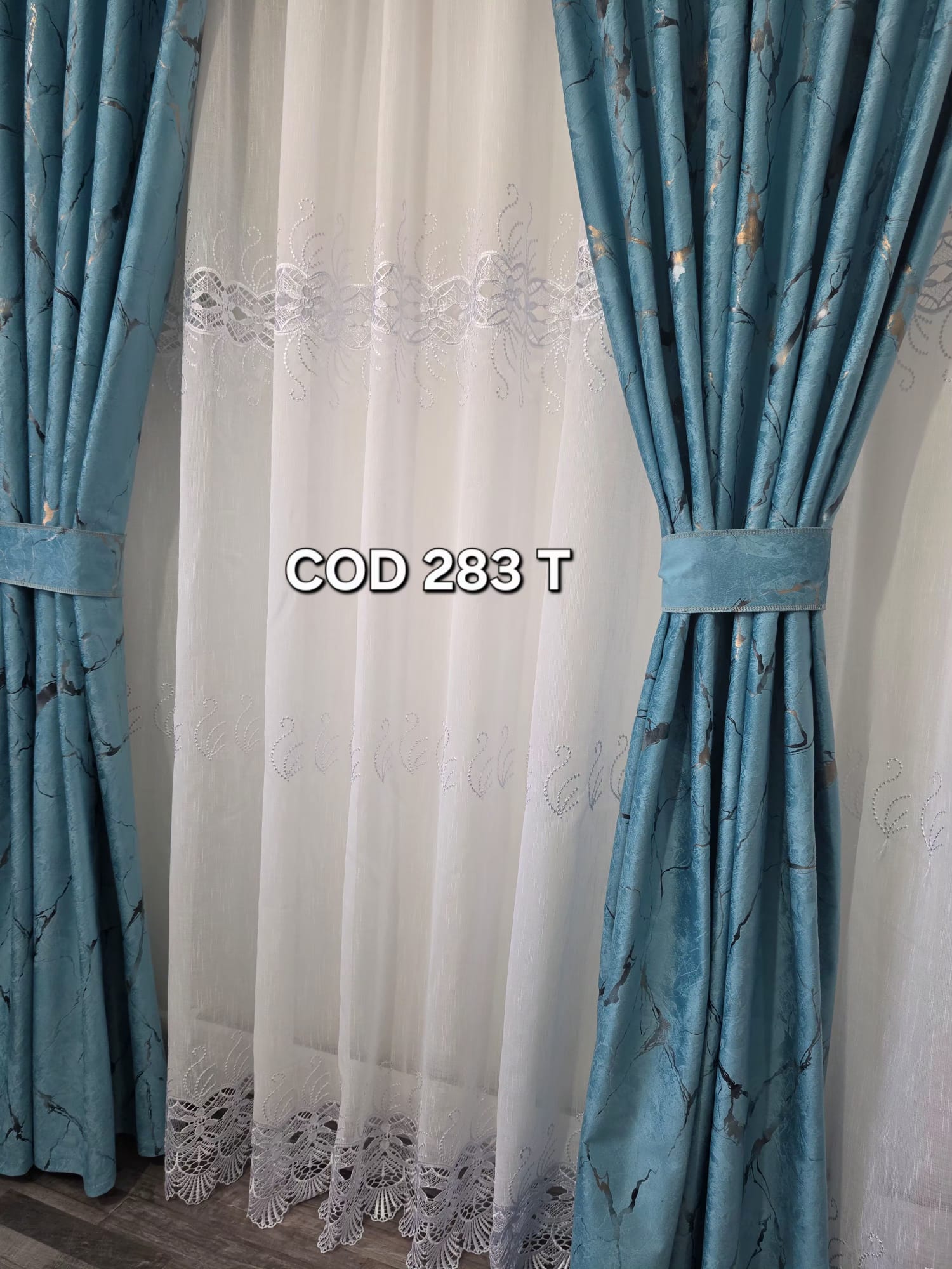 Set perdea flori cu broderie si draperie catifea cu model turcoaz 283T - imagine 2