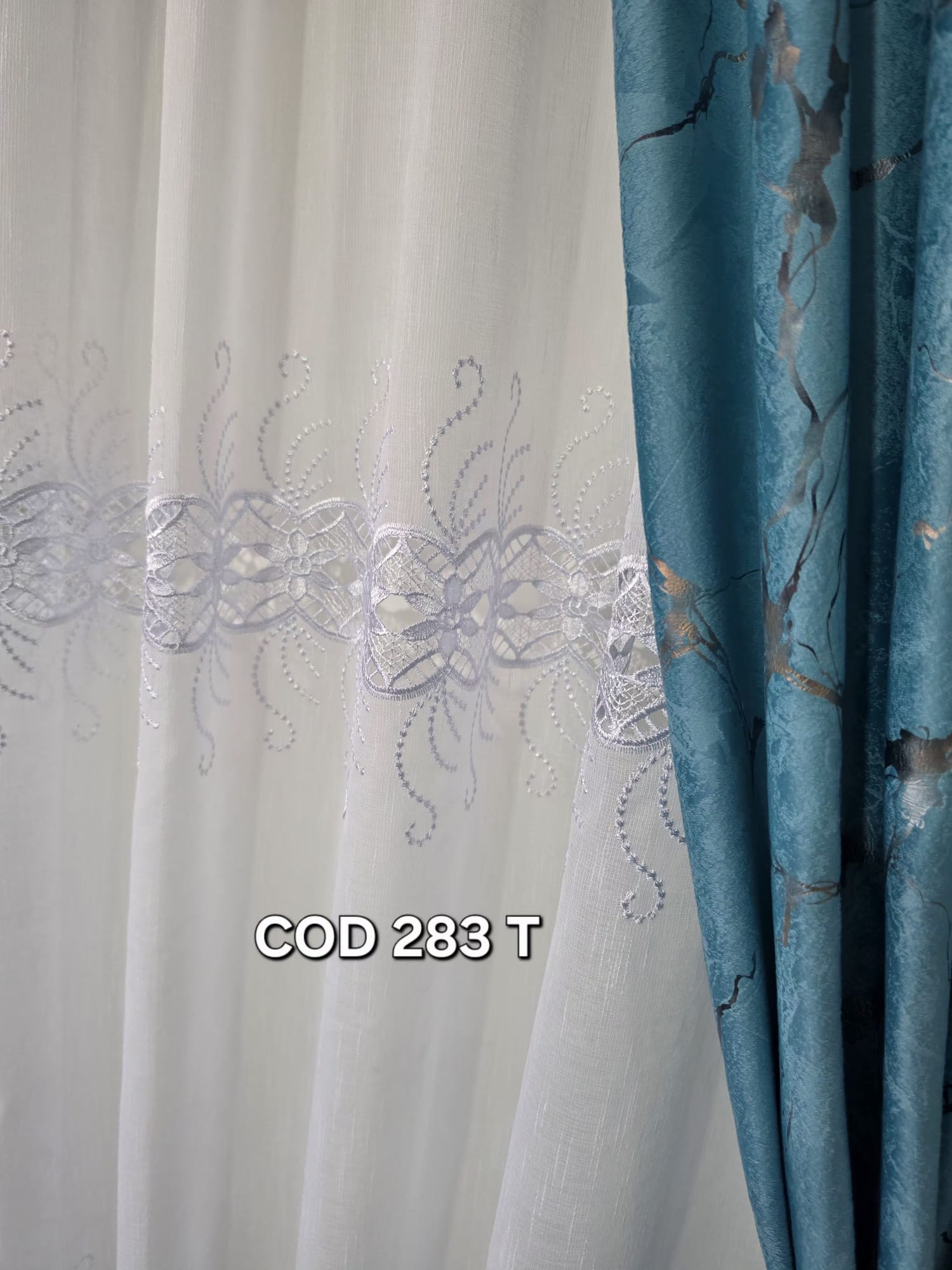 Set perdea flori cu broderie si draperie catifea cu model turcoaz 283T - imagine 3