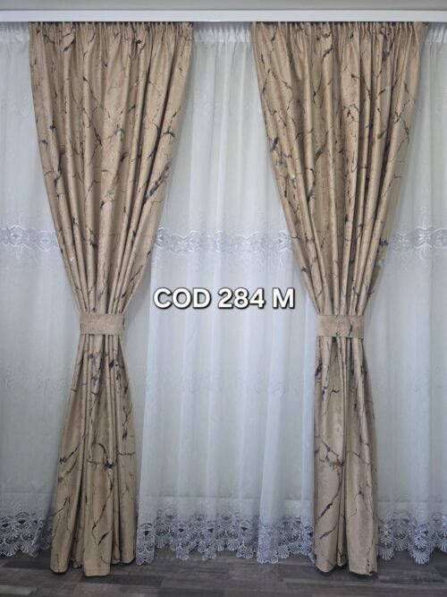 Set perdea flori cu broderie si draperie catifea cu model maro284M