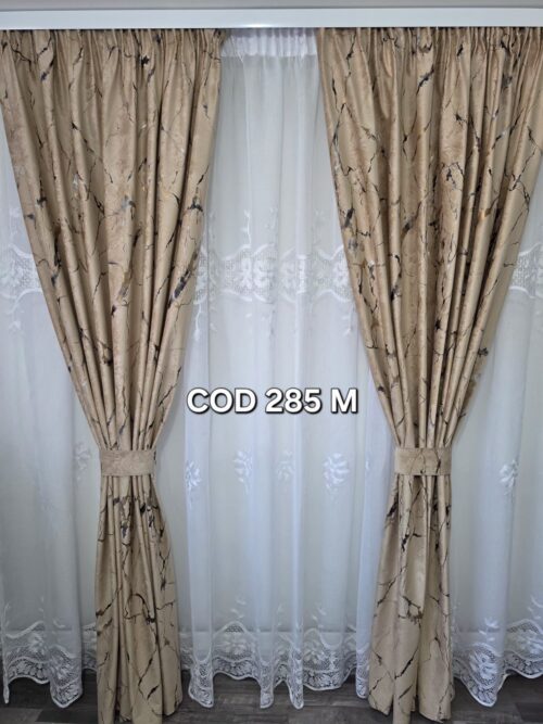 Set perdea in flori alb si draperie catifea cu model maro 285M