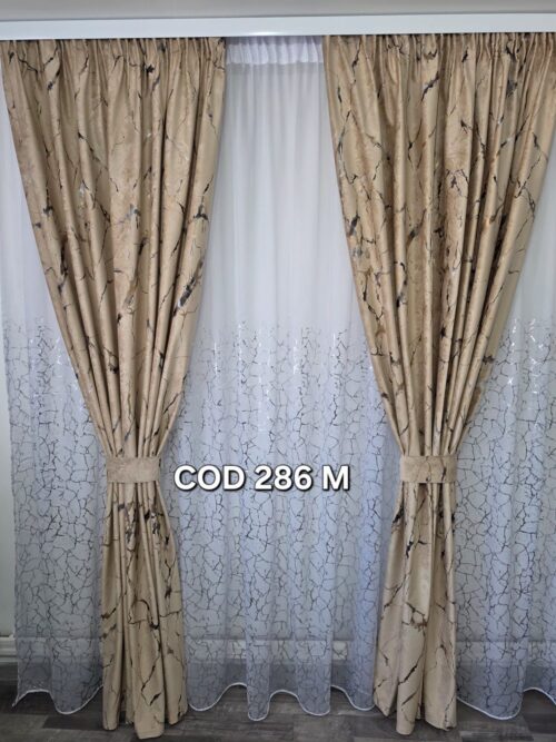 Set perdea insertii gri si draperie catifea cu model maro 286 M