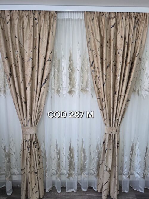 Set perdea pana crem cu draperie catifea cu model maro 287M