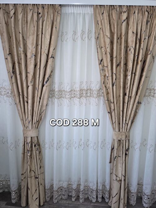 Set perdea flori cu broderie maro si draperie catifea cu model maro288M