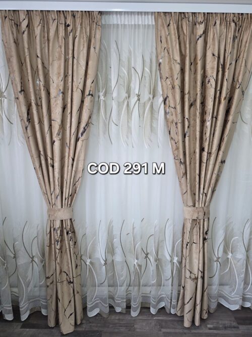 Set perdea spiral crem cu draperie catifea cu model maro 291M