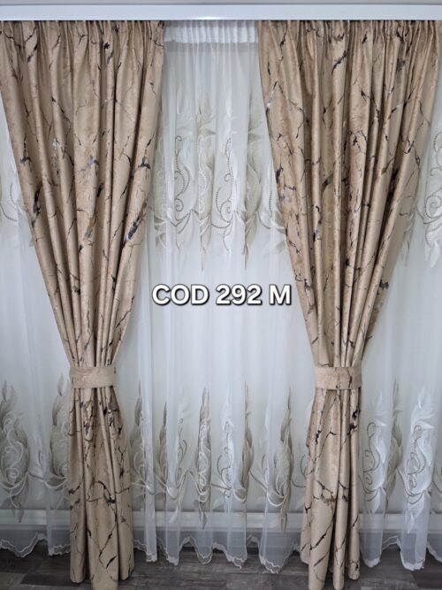 Set perdea frunze crem cu draperie catifea cu model maro 292M
