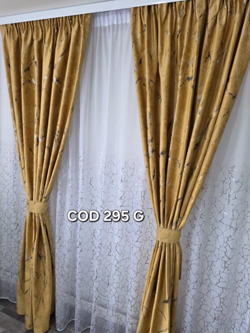 Set perdea insertii gri si draperie catifea cu model mustar 295 G