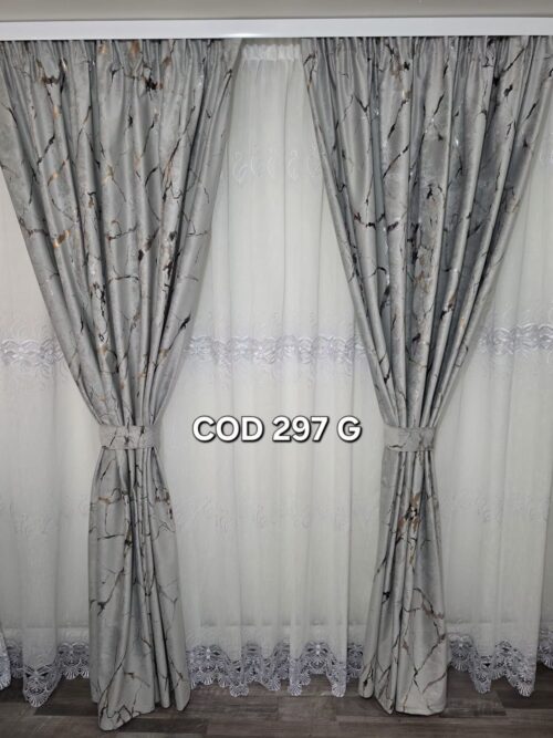 Set perdea flori cu broderie si draperie catifea cu model gri 297G