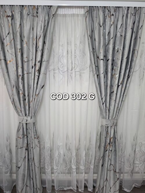 Set perdea frunze gri si draperie catifea cu model gri 302G