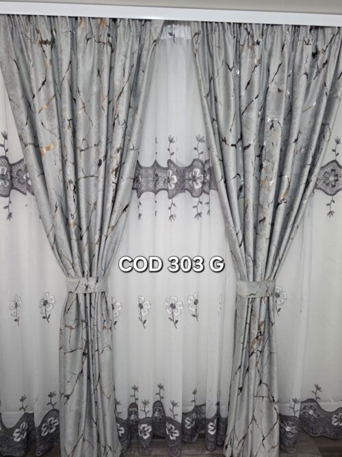 Set perdea in flori alb-gri trio si draperie catifea cu model gri 303 G