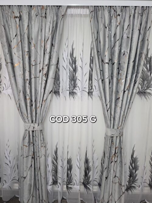 Set perdea pana negru  si  draperie catifea cu model gri 305 g