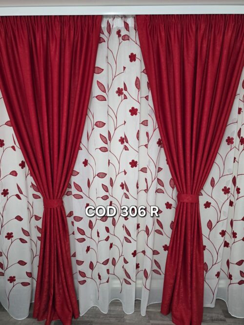 Set perdea de in flori rosii si draperie blackout soft rosu 306 R