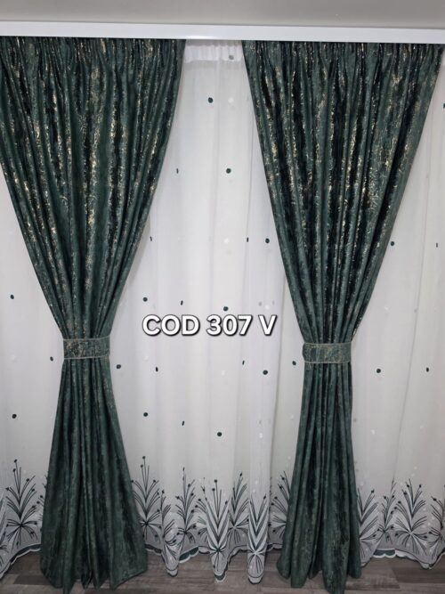 Set perdea in spic verde si draperie catifea cu model verde 307 v