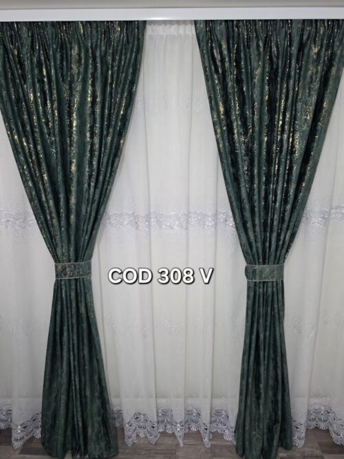 Set perdea flori cu broderie si draperie catifea cu model verde 308 v