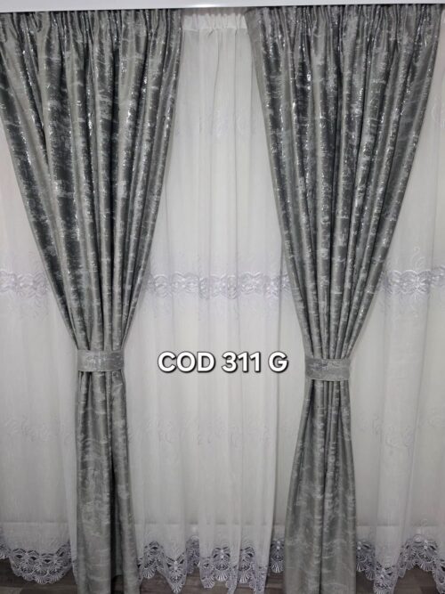 Set perdea flori cu broderie si draperie catifea cu model gri sclipici 311g