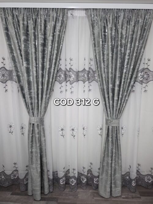 Set perdea cu broderie gri trio  si draperie catifea cu model gri 312G