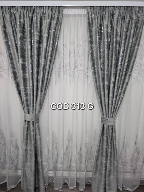 Set perdea frunze gri  si  draperie catifea cu model gri sclipici 313 G