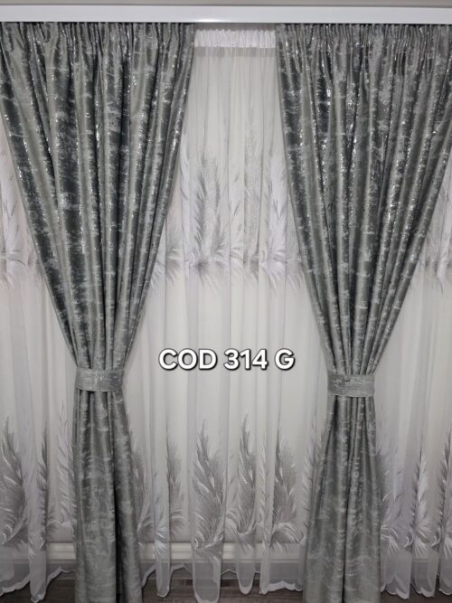 Set perdea pana gri  si  draperie catifea cu model gri sclipici 314 G