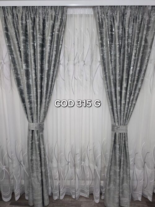 Set perdea spiral gri si draperie catifea cu model gri sclipici 315 G