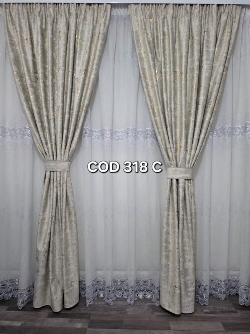 Set perdea flori cu broderie si draperie catifea cu model crem sclipici 318 C