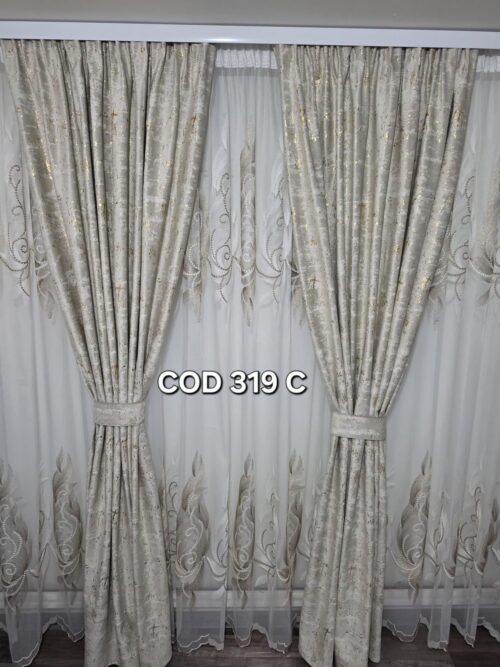 Set perdea frunze crem cu draperie catifea cu model crem sclipici 319C