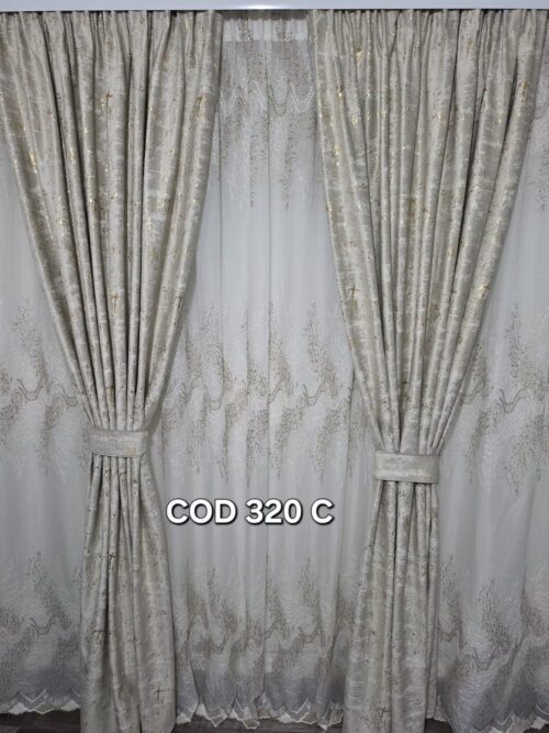 Set perdea broderie trio crem cu draperie catifea cu model crem sclipici 320C