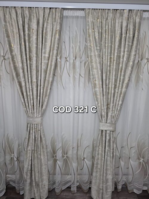Set perdea spiral crem cu draperie catifea cu model crem sclipici 321C