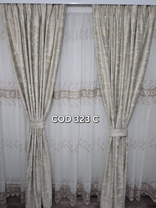 Set perdea broderie crem cu draperie catifea cu model crem sclipici 323C