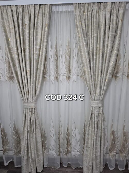 Set perdea pana  crem cu draperie catifea cu model crem sclipici 324C
