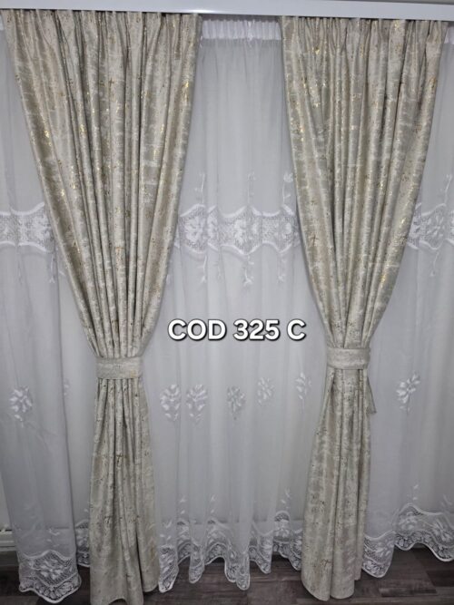 Set perdea in flori alb si draperie catifea crem sclipici 325 c